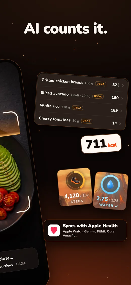 AI counts it: foods, steps, water, Apple Health.